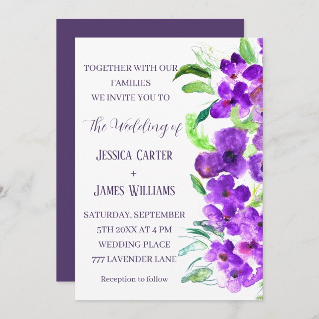 Purple Violet Floral Boho Summer Wedding Invitation (Front/Back)