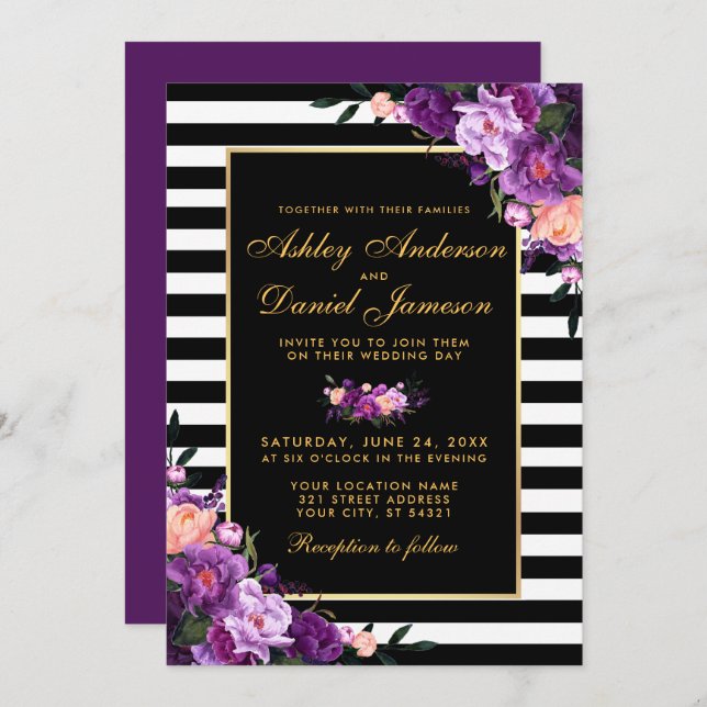 Purple Violet Floral Gold Black Stripes Wedding BP Invitation (Front/Back)