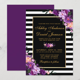 Purple Violet Floral Gold Black Stripes Wedding BP Invitation