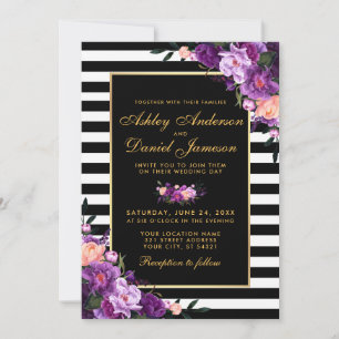 Purple Violet Floral Gold Black Stripes Wedding Invitation