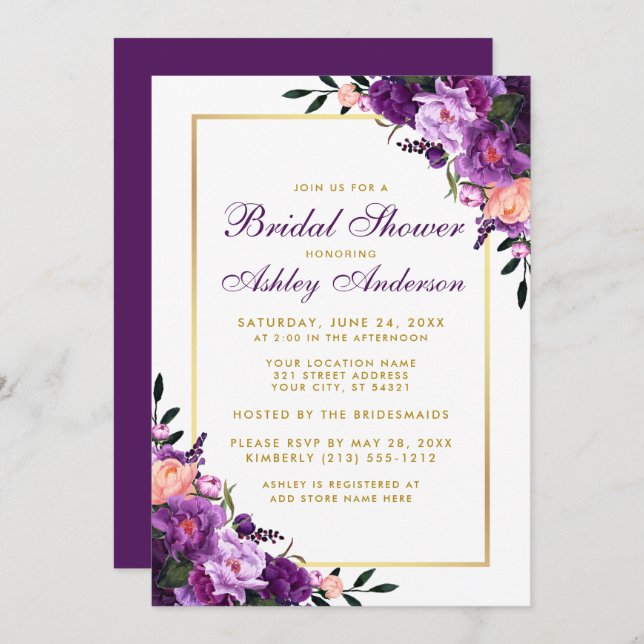 Purple Violet Floral Gold Bridal Shower Invite P (Front/Back)