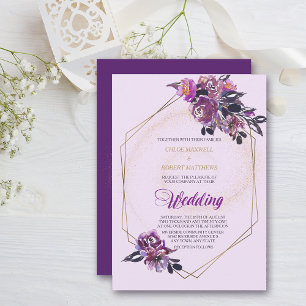 Purple Violet Floral Gold Frame Wedding Invitation