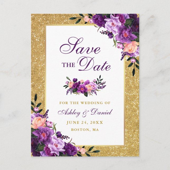 Purple Violet Floral Gold Glitter Save the Date Announcement Postcard (Front)