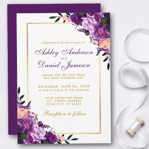 Purple Violet Floral Gold Wedding Invitation