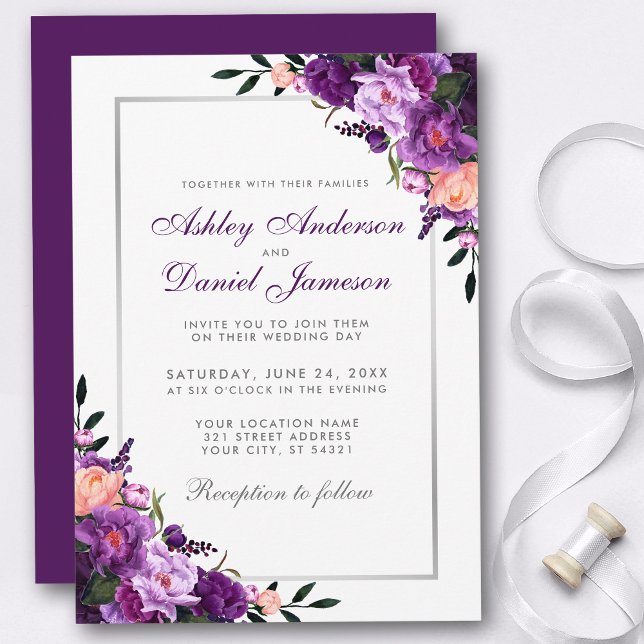 Purple Violet Floral Silver Wedding Invitation (Customize to change text color, style, add text & photos to back or change color of back of card.)