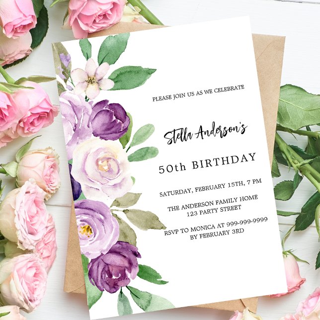 Purple violet florals birthday invitation (Creator Uploaded)