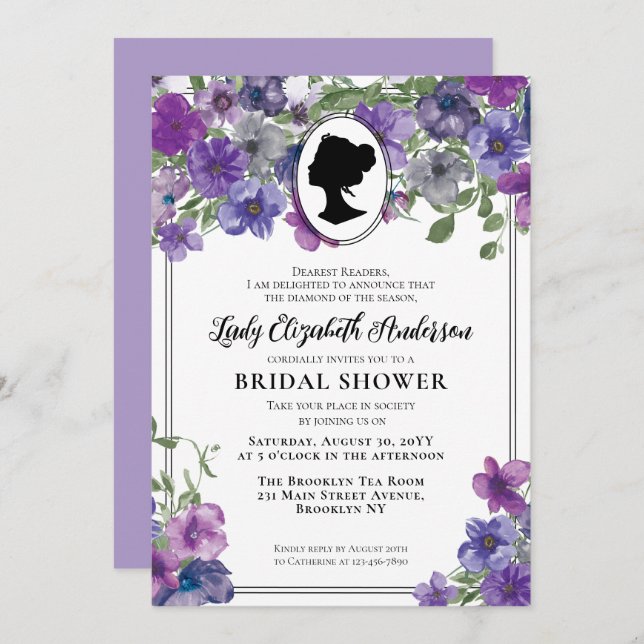 Purple Violet Florals Regency Era Bridal Shower Invitation (Front/Back)