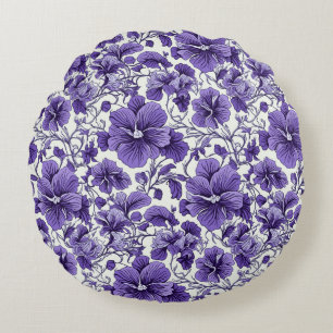 Purple Violet Flowers Botanical Floral Pattern Round Cushion