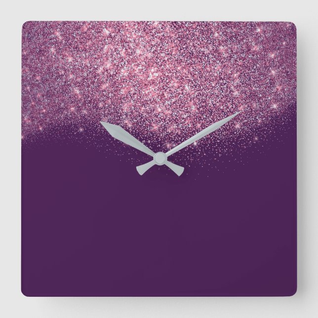 Purple Violet Glitter Confetti Pink Rose Glam Square Wall Clock (Front)