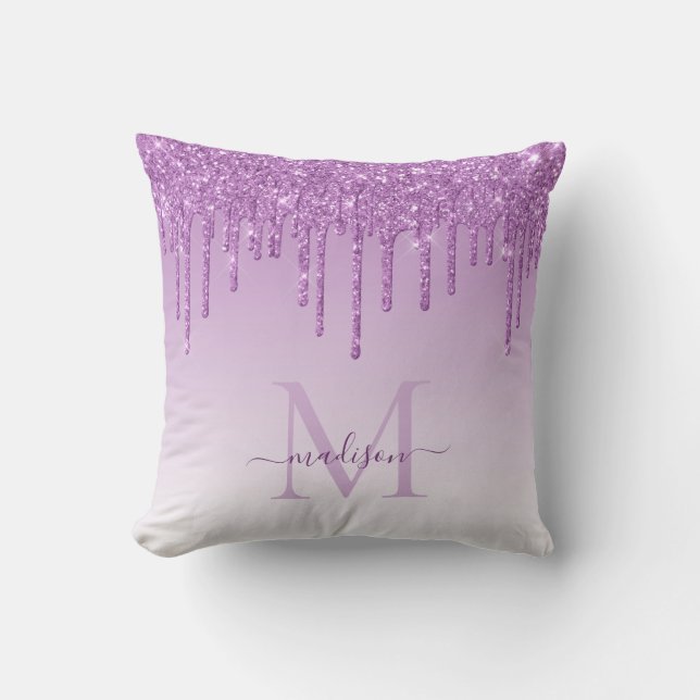 Purple Violet Glitter Drips Glam Monogram Script Cushion (Front)