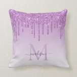 Purple Violet Glitter Drips Glam Monogram Script Cushion<br><div class="desc">Modern Glam Purple Violet Glitter Drips Ombre Monogram Script Throw Pillow</div>