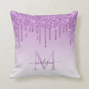 Purple Violet Glitter Drips Glam Monogram Script Cushion