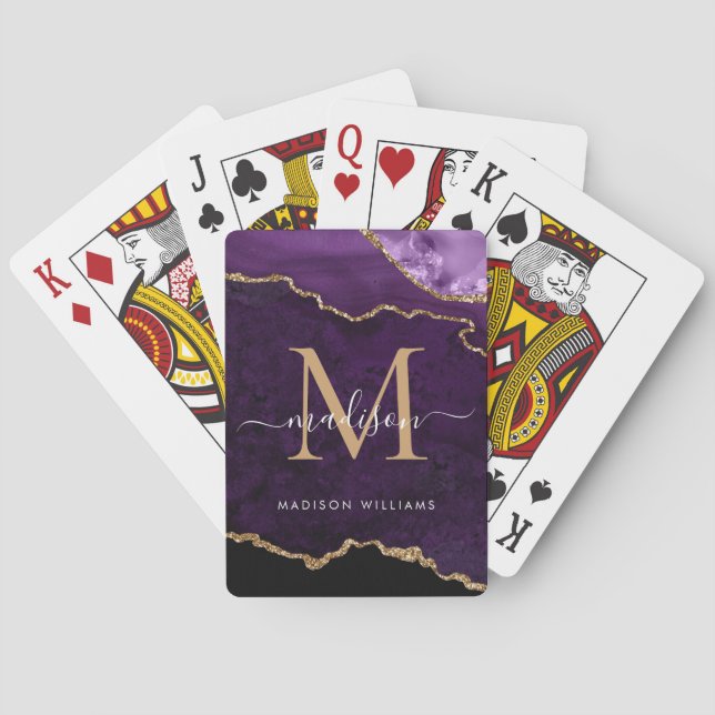 Purple Violet Gold Agate Geode Glitter Monogram Playing Cards (Back)