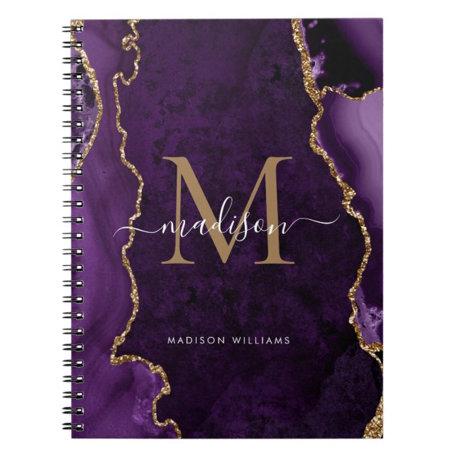 Purple Violet Gold Agate Geode Monogram Script Notebook (Front)