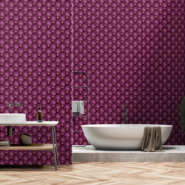 Purple Violet Gold Diamond Tufted Wallpaper (Bathroom)