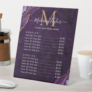 Purple Violet Gold Glitter Agate Marble Monogram Pedestal Sign