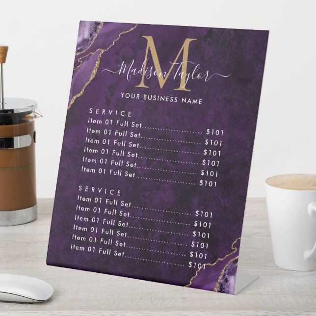 Purple Violet Gold Glitter Agate Marble Monogram Pedestal Sign (In SItu)