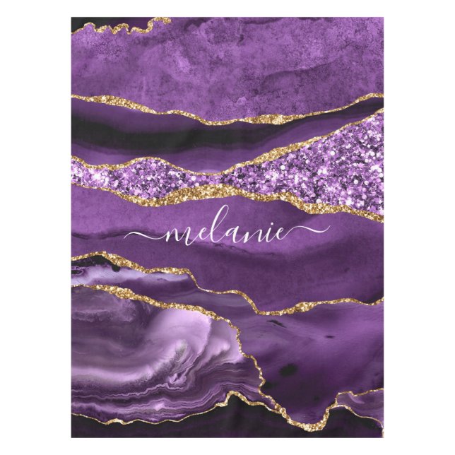 Purple Violet Gold Glitter Tablecloth Custom Name (Front)