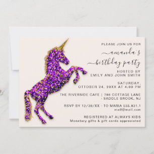 Purple Violet Gold Glitter Unicorn Horse  Invitation
