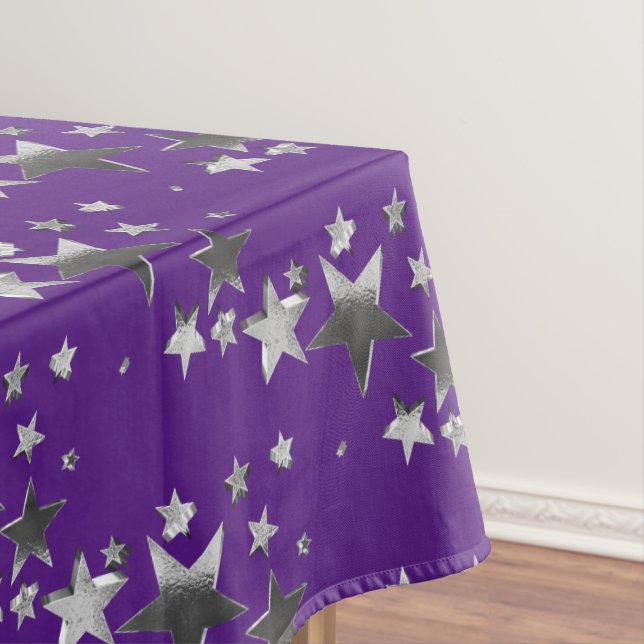 Purple Violet Grey Stars Pattern Festive Elegant Tablecloth (In Situ)