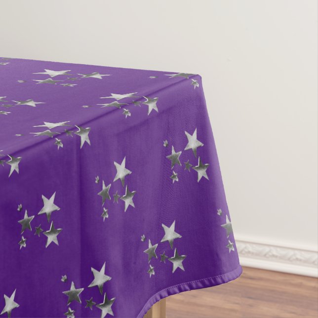 Purple Violet Grey Stars Pattern Festive Elegant Tablecloth (In Situ)