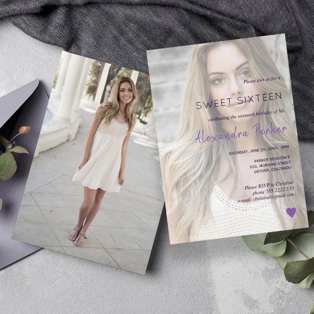 Purple violet heart simple photo sweet sixteen invitation (Creator Uploaded)