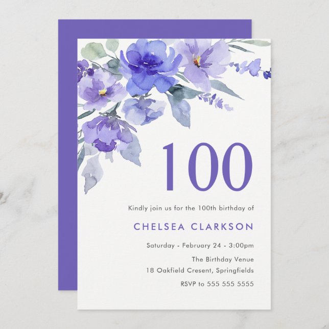 Purple Violet & Lavender 100th Birthday Party Invitation (Front/Back)