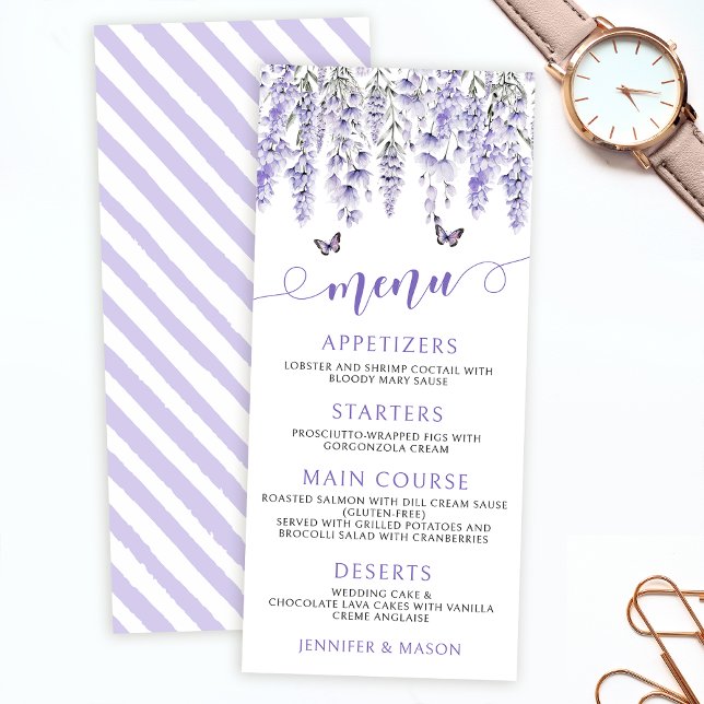 Purple violet lavender floral wedding menu cards (Creator Uploaded)