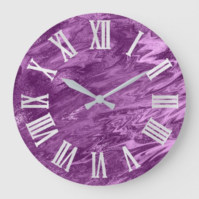 Purple Violet Metallic Grey Silver Roman Numbers Large Clock (Front)