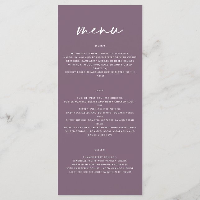 Purple violet modern simple elegant script wedding menu (Front)