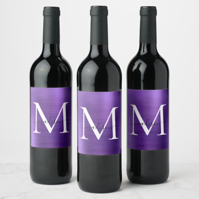 Purple Violet Monogram Girly Script Metallic Steel Wine Label (Bottles)