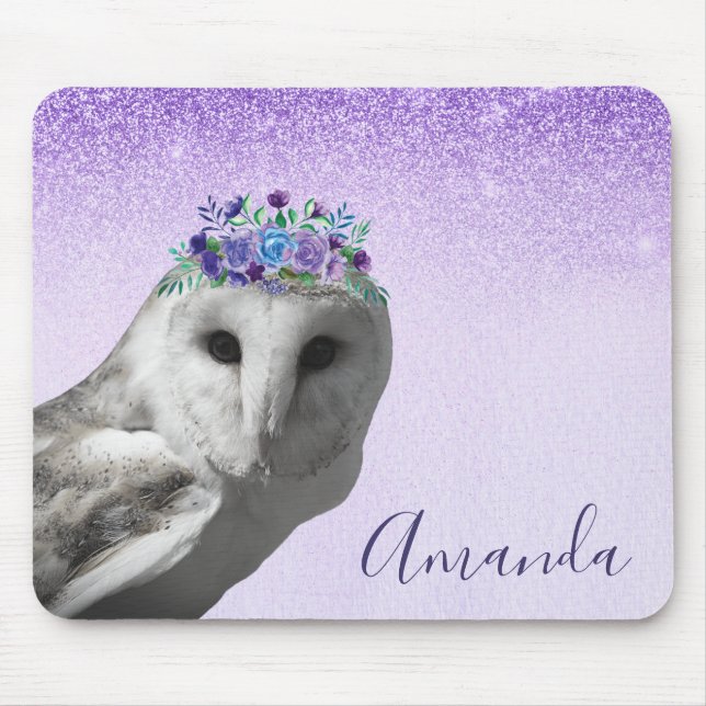 Purple Violet Owl Flower Crown Glitter Personalise Mouse Pad (Front)