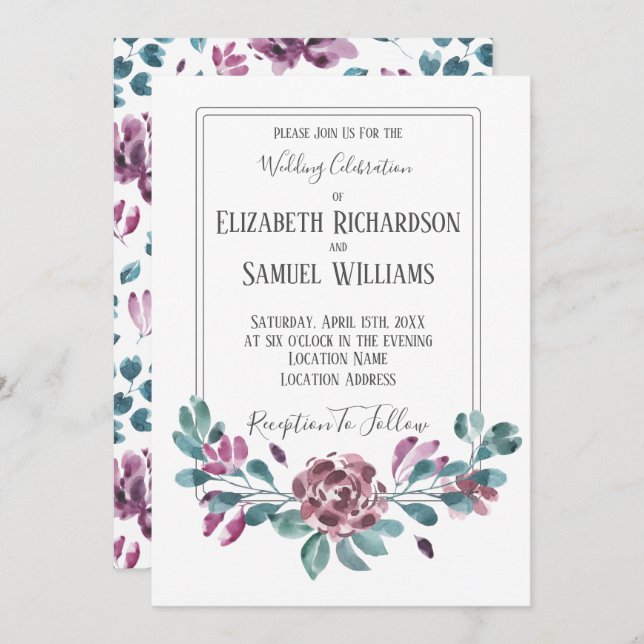 Purple Violet Peonies Watercolor Weddings Invitation (Front/Back)