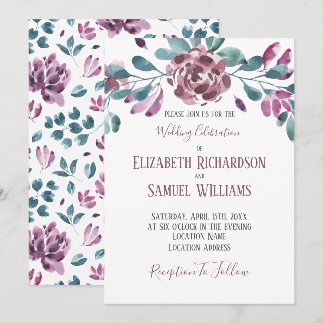 Purple Violet Peony Watercolor Wedding Invitation (Front/Back)