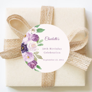 Purple violet pink florals birthday classic round sticker