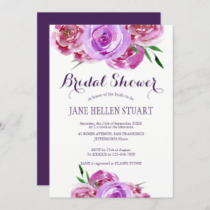 Purple violet pink peonies bouquet bridal shower invitation