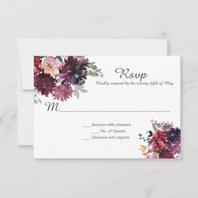 Purple Violet Plum Pink Mauve Red Greenery RSVP (Front)