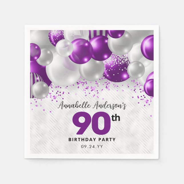 Purple Violet Silver Balloon Glitter 90th Birthday Napkin (Front)