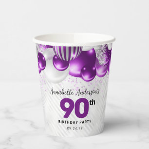 Purple Violet Silver Balloon Glitter 90th Birthday Paper Cups