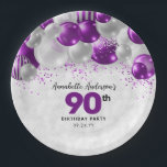 Purple Violet Silver Balloon Glitter 90th Birthday Paper Plate<br><div class="desc">Modern Glam Purple Violet Silver Balloon Glitter Sparkle Any Age Birthday Party Plates</div>