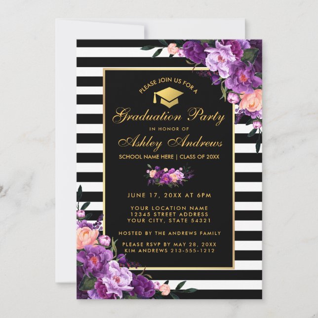 Purple Violet Striped Graduation Party Invite (Front)