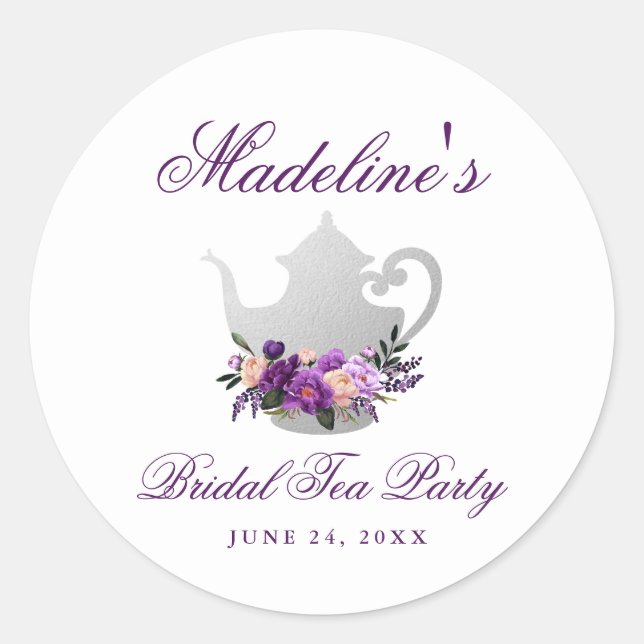 Purple Violet Tea Party Bridal Shower Classic Round Sticker (Front)