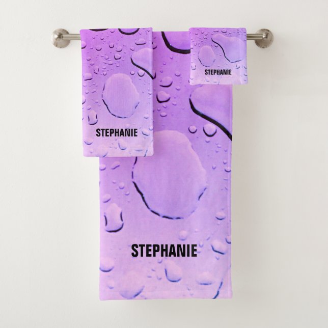 Purple Violet Water Drop Abstract Custom Name Bath Towel Set (Insitu)