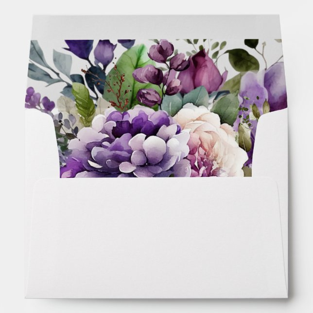 Purple Violet Watercolor Bouquet Gold Script Envelope (Back (Bottom))