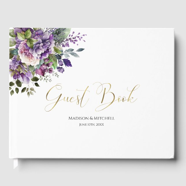 Purple Violet Watercolor Bouquet Gold Script Guest Book (Front)