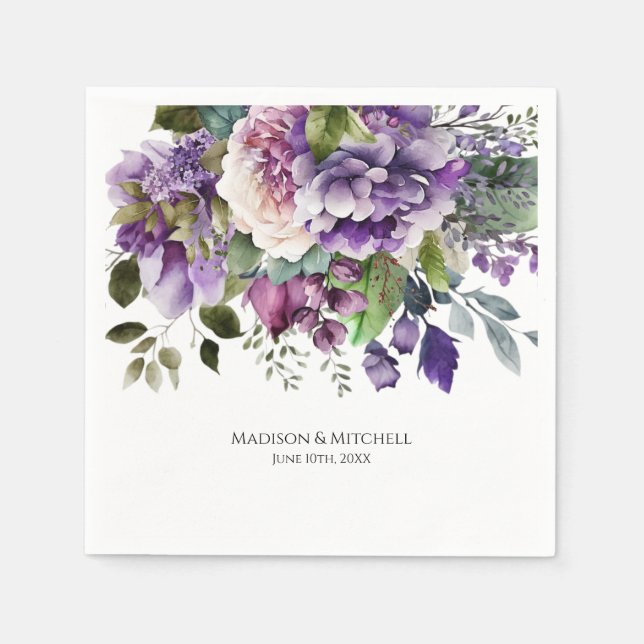 Purple Violet Watercolor Bouquet Gold Script Napkin (Front)