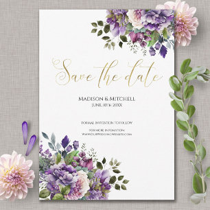 Purple Violet Watercolor Bouquet Gold Script  Save The Date