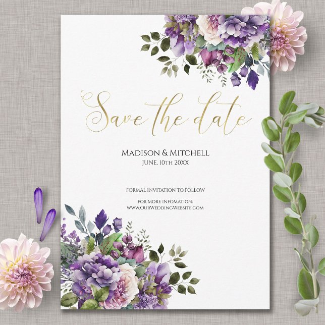 Purple Violet Watercolor Bouquet Gold Script  Save The Date (Creator Uploaded)