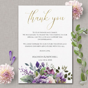 Purple Violet Watercolor Bouquet Gold Script Thank You Card