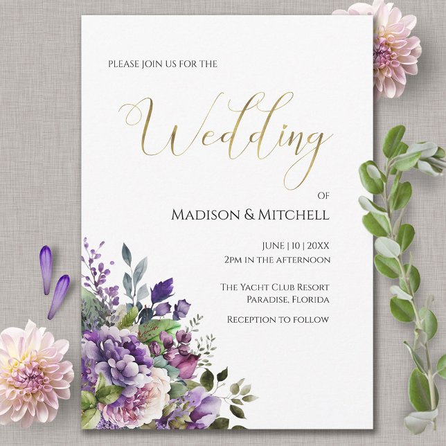 Purple Violet Watercolor Bouquet Gold Wedding Invitation (Creator Uploaded)